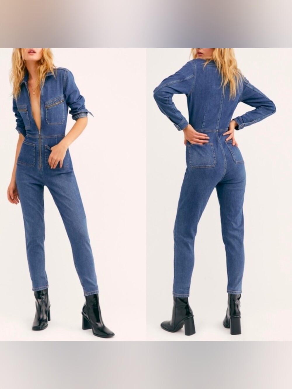 Free People Lennox Zipper Front Long Sleeve Denim Overall Jumpsuit Size Small